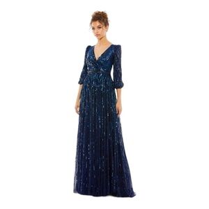 Mac Duggal Sequined Wrap Over 3/4 Sleeve Gown in Midnight Size 14 NWT